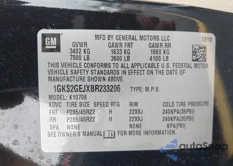 2011 GMC Yukon Hybrid Denali from USA, damaged, VIN 1GKS2GEJXBR233206